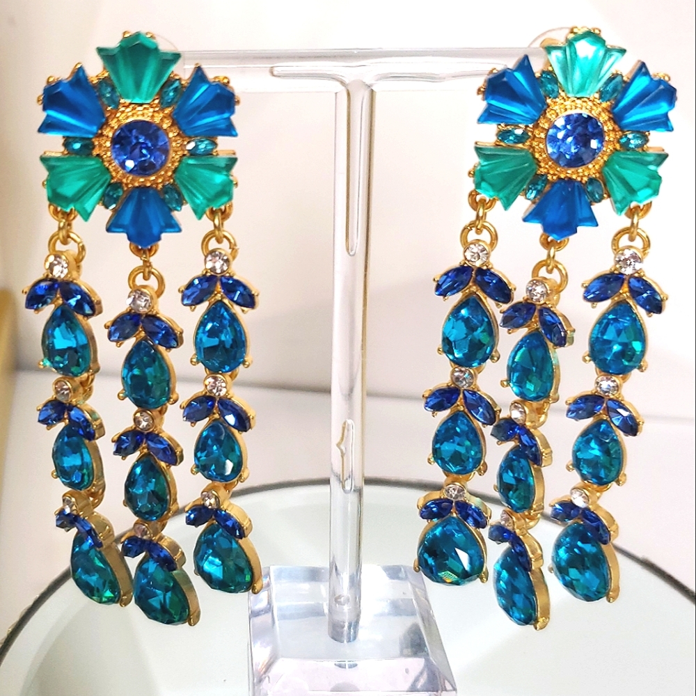 Most Beautiful YOSCA Blue Jeweled Drippy Earrings - Picture 2 of 5